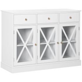HOMCOM 45" Farmhouse Sideboard Buffet Cabinet, Credenza,Coffee Bar Cabinet with Glass Doors and 3 Drawers, White