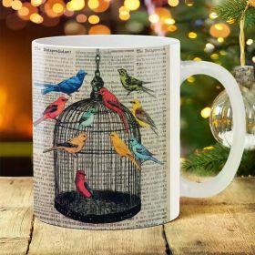 The "Aviary News" Coffee Mug | Colorful Birds & Vintage Newspaper 11oz Ceramic | Daily Drinkware | The Roast Co.