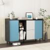 Sideboard Buffet Cabinet, Black Storage Cabinet with Blue Doors , 2 Drawers with unique panel styling and 2 Open Storage Compartment