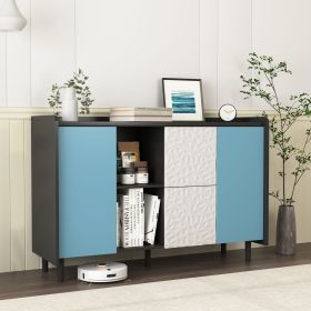 Sideboard Buffet Cabinet, Black Storage Cabinet with Blue Doors , 2 Drawers with unique panel styling and 2 Open Storage Compartment