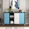 Sideboard Buffet Cabinet, Black Storage Cabinet with Blue Doors , 2 Drawers with unique panel styling and 2 Open Storage Compartment