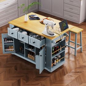 Coffee Bar Ready 53" Kitchen Island with Power & Unique Storage | The Roast Co. (Material: MDF, Color: Grey-Blue)