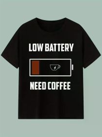 Funny 'Low Battery Need Coffee' Unisex Graphic Tee | The Roast Co. (Color: Black, size: S)