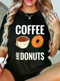 Women's Funny 'Coffee & Donuts' Round Neck Cotton Tee | The Roast Co. (Color: Black, size: S)