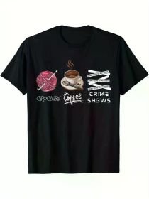 Funny 'Coffee, Crime & Knitting' Unisex Graphic Tee | The Roast Co. (Color: Black, size: S)